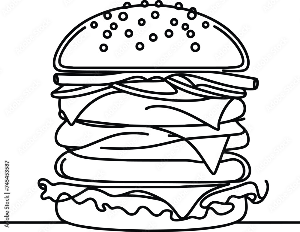 burger in continuous line drawing minimalist style, food illustration. burger in continuous line drawing minimalist style, food illustration.