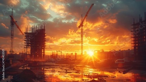 Majestic Sunset Over Urban Construction Site with Tower Cranes and Developing Skyline