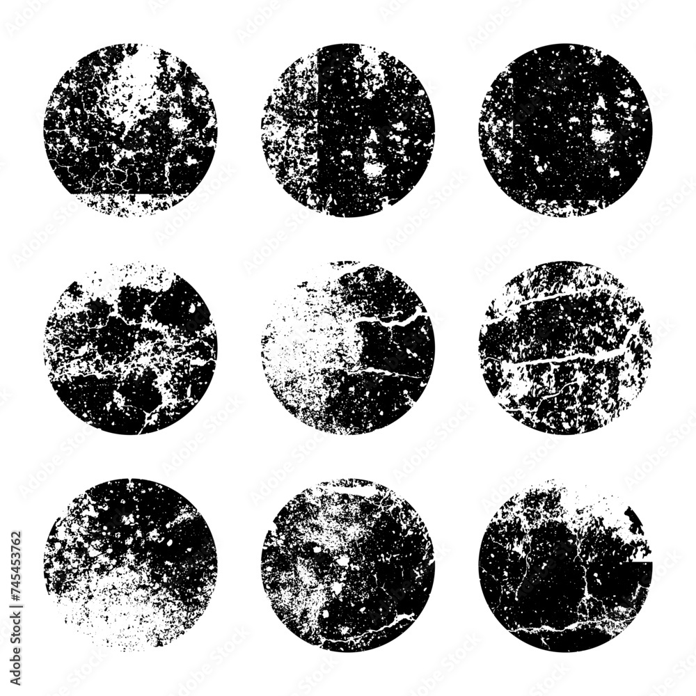 Grunge circles with stains and scratches. Circle brush stroke, round shape design element. Distressed dirty text frame, border, sticker or label. Paintbrush, ink stains. Vector illustration