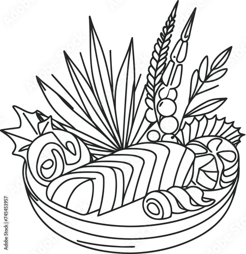 sashimi in continuous line drawing minimalist style, food illustration.