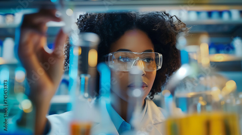 Cientista em laboratório realizando cuidadosamente uma experimentação com diversos equipamentos científicos e vidrarias ao fundo