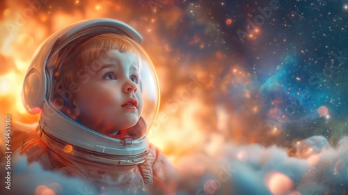 Cartoon kid space explorer. Astronaut boy with space helmet. Created with Generative AI.