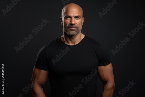 Portrait of a handsome middle-aged man in a black T-shirt on a dark background.