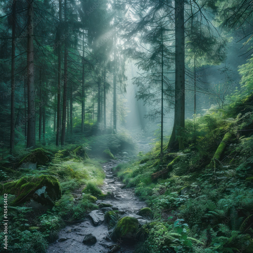 Mystical misty panorama of a lush forest with various lush trees, a stunning atmosphere complete with sunlight spotlights in the middle of the forest. Generative Ai Mystical misty panorama of a lush forest with various lush trees, a stunning atmosphere complete with sunlight spotlights in the middle of the forest. Generative Ai