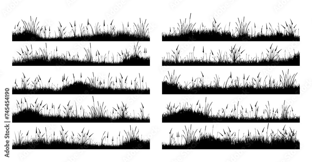 Obraz premium Meadow silhouettes with grass, plants on plain. Panoramic summer lawn landscape with herbs, various weeds. Herbal border, frame element. Black horizontal banners. Vector illustration