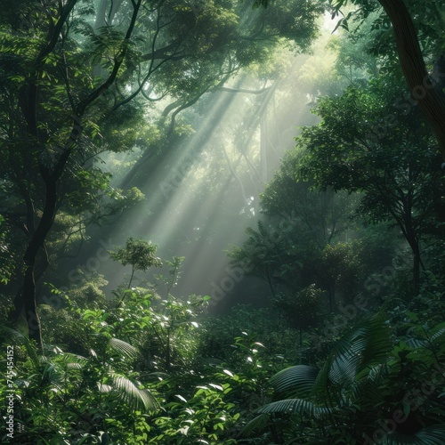 Mystical misty panorama of a lush forest with various lush trees  a stunning atmosphere complete with sunlight spotlights in the middle of the forest. Generative Ai