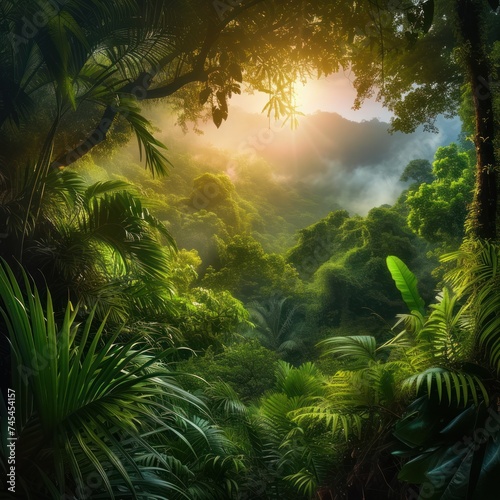 Mystical misty panorama of a lush forest with various lush trees, a stunning atmosphere complete with sunlight spotlights in the middle of the forest. Generative Ai