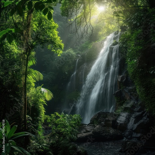 Mystical misty panorama of a lush forest with various lush trees, a stunning atmosphere complete with sunlight spotlights in the middle of the forest. Generative Ai © callmeers
