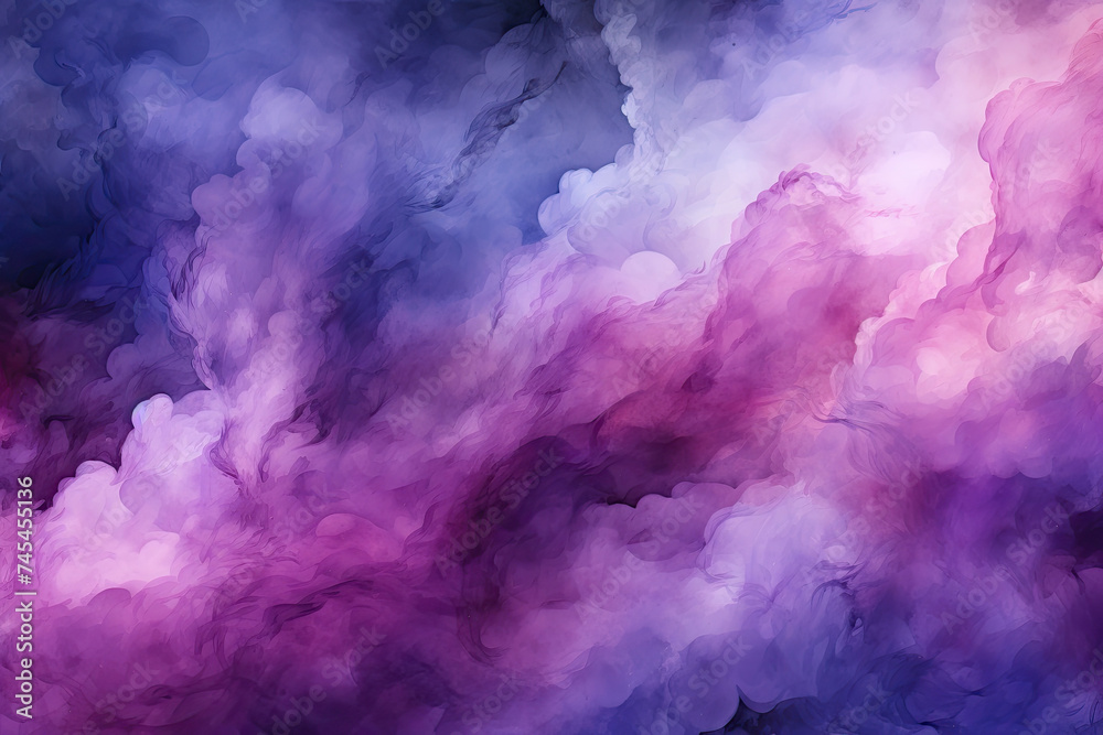 A mesmerizing blend of purple and blue hues form a backdrop for fluffy clouds gently floating by