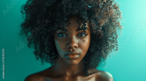 Captivating Portrait of a Young African American Woman with Lush Curls Against a Teal Backdrop