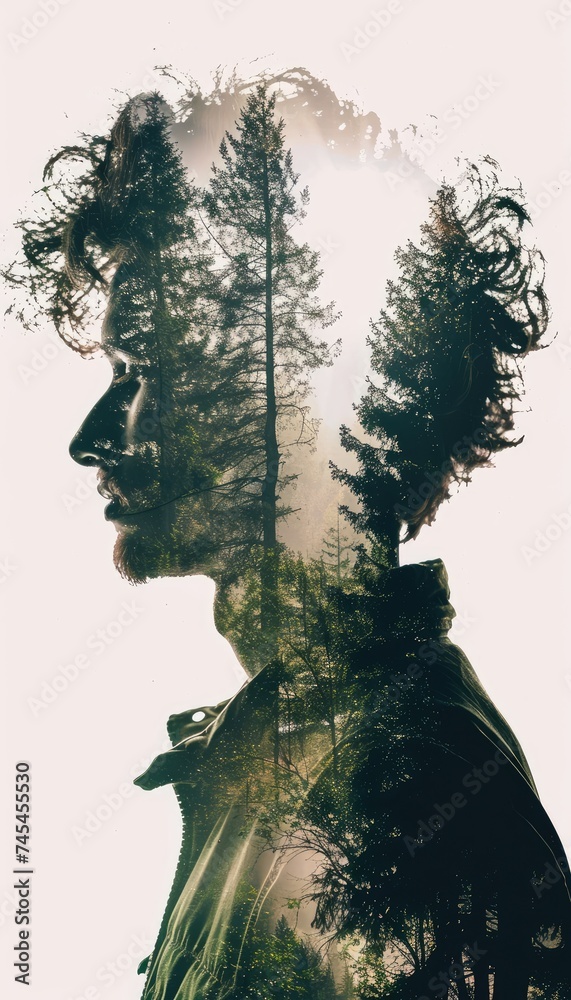 A silhouette of a person's profile overlaid with a forest landscape in a double exposure