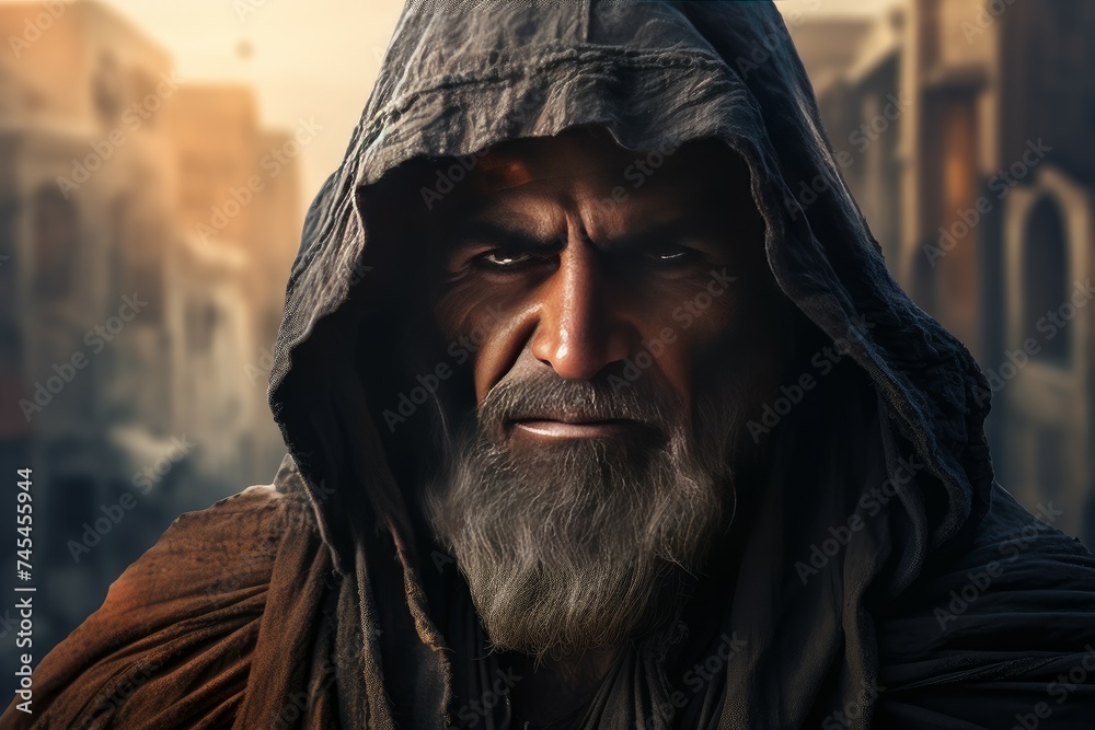 Weathered Hooded old warrior. Wizard power dark. Generate Ai Weathered Hooded old warrior. Wizard power dark. Generate Ai
