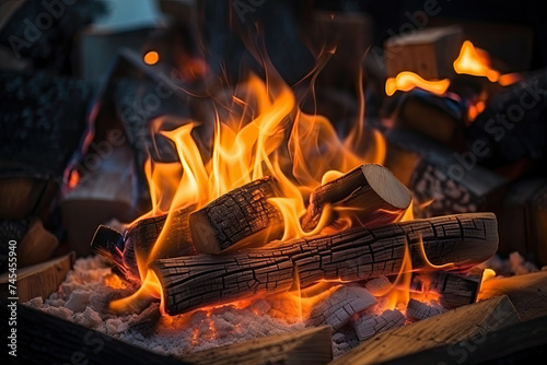 Intense red, orange, and yellow flames flicker and crackle in a cozy fireplace, casting a warm glow and creating a mesmerizing display of light and shadow