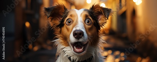 Puppy with open mouth and big eyes with funny face. Created with Generative AI. photo