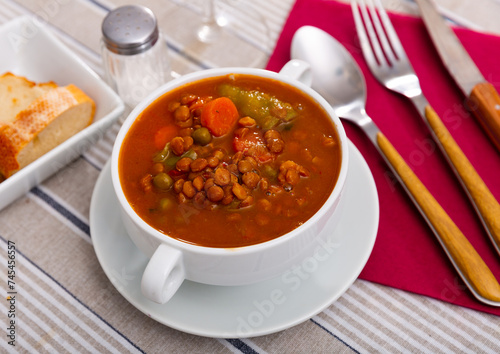 Bowl of delicious hearty homemade curried lentil soup