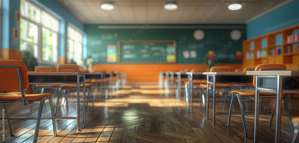 Morning Glow in Classroom: Empty Student Desks Awaiting the Day's Lessons