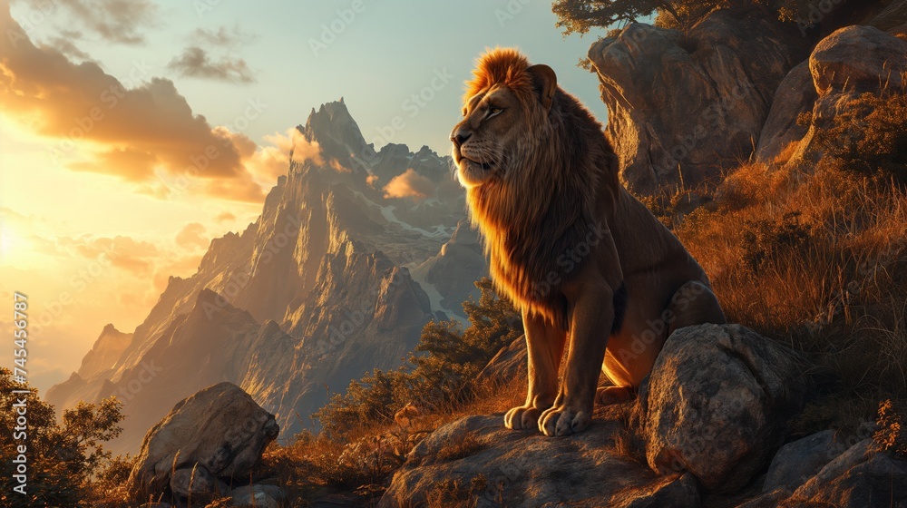 Lion at sunset. Created with generative AI. - obrazy, fototapety, plakaty 