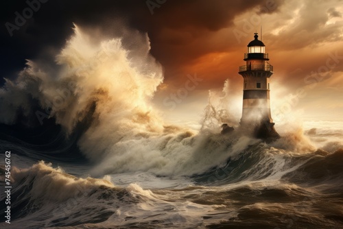 Raging Sea storm lighthouse. Ocean wave. Generate Ai