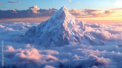 Beautiful mountains surrounded by clouds at sunset. Created with Generative AI.