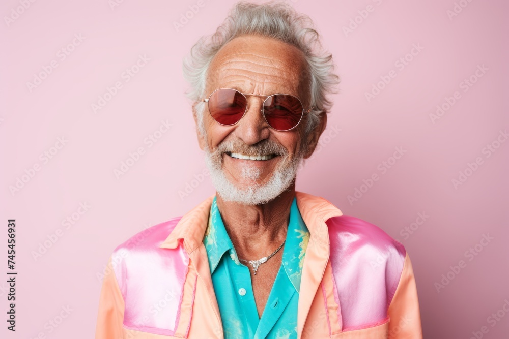 Happy senior man in sunglasses. Isolated on the pink background.