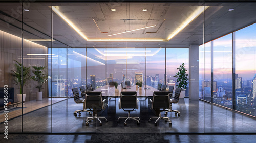 Modern Office Interior with Panoramic Cityscape View and Elegant Design photo