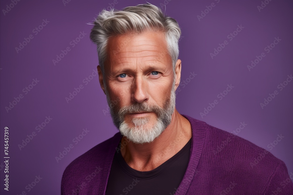 Portrait of a handsome mature man with grey hair and beard. Isolated on purple background. Portrait of a handsome mature man with grey hair and beard. Isolated on purple background.