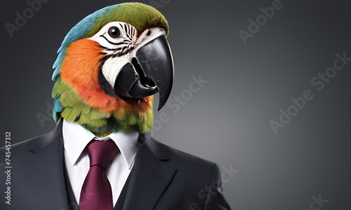 Parrot business portrait dressed as a manager or ceo in a formal office business suit with glasses and tie photo