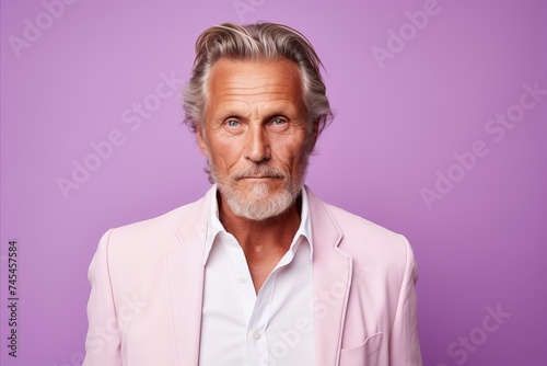 Portrait of a senior man with grey hair and beard in a pink suit looking at the camera against a purple background © Asier