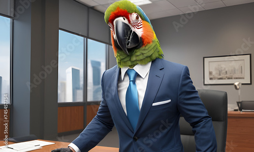 Parrot business portrait dressed as a manager or ceo in a formal office business suit with glasses and tie photo