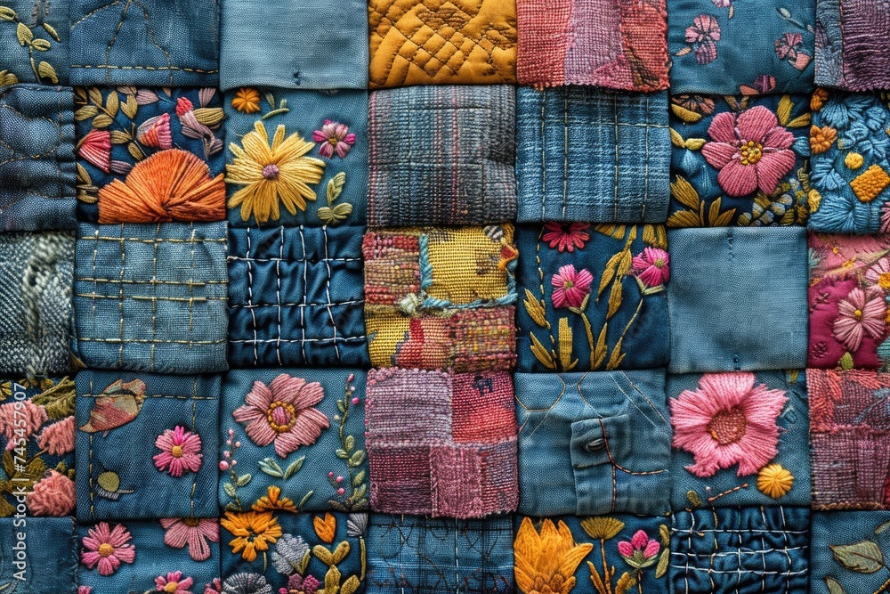A close up view of a vibrant patchwork quilt filled with colorful flowers in bloom, creating a beautiful and intricate design A close up view of a vibrant patchwork quilt filled with colorful flowers in bloom, creating a beautiful and intricate design