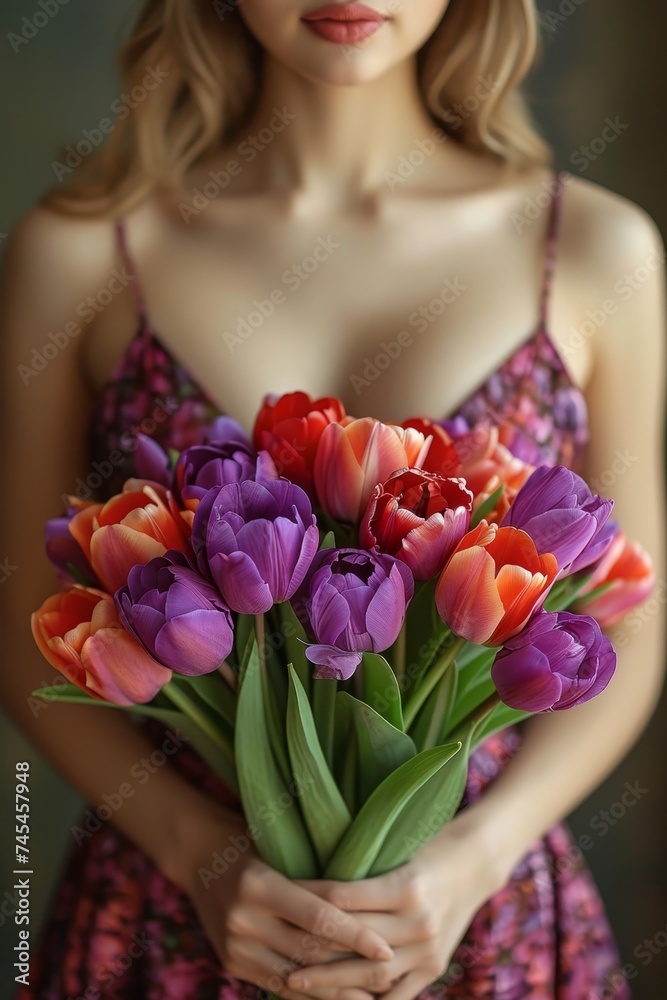 A woman in a flowing dress delicately holds a vibrant bouquet of flowers, her expression filled with joy and admiration for the colorful blossoms A woman in a flowing dress delicately holds a vibrant bouquet of flowers, her expression filled with joy and admiration for the colorful blossoms