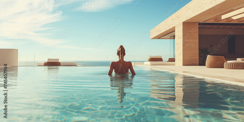 A woman enjoys the view from an infinity pool, with a panoramic view of the ocean under a clear sky