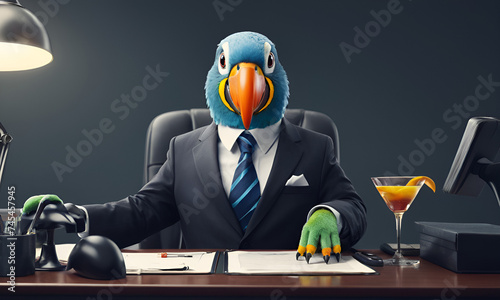 Parrot business portrait dressed as a manager or ceo in a formal office business suit with glasses and tie