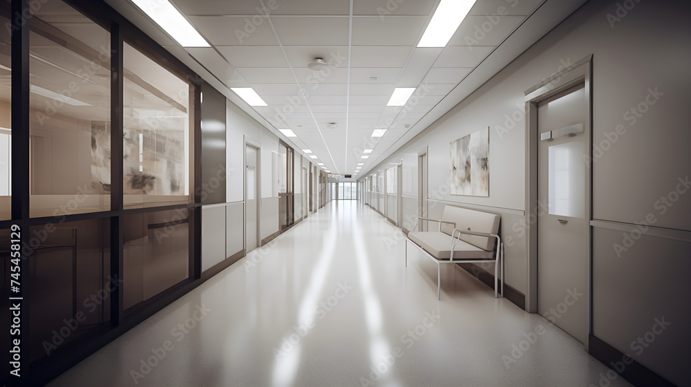 A hospital corridor, bustling with activities that take center stage while the surrounding area transforms into a blur.