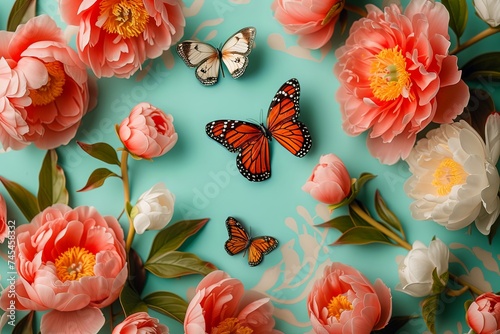 A group of colorful butterflies gracefully perching on delicate pink flowers in a harmonious and vibrant display of natures beauty