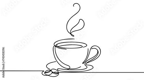 Drawing a continuous line. Cup of coffee with steam one line on white background