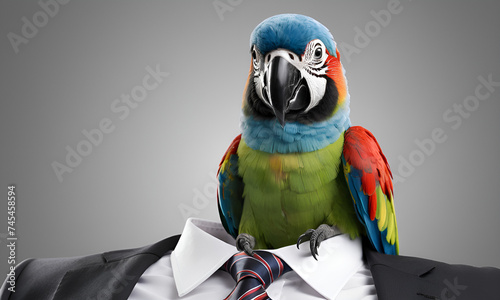 Parrot business portrait dressed as a manager or ceo in a formal office business suit with glasses and tie