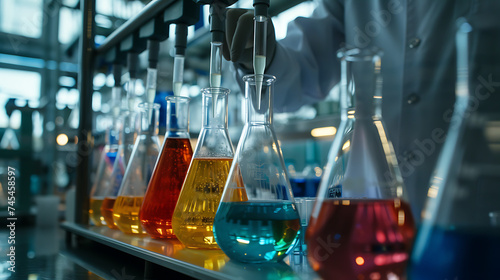 Uma cientista trabalhando em um laboratório pipetando líquido claro em um tubo de ensaio com equipamentos e produtos químicos coloridos ao fundo photo