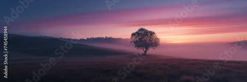 Lonely tree in a foggy field at dawn with a soft gradient of sunrise colors.