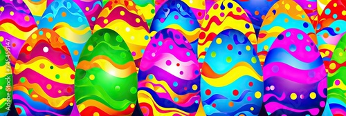 A vibrant display of a large group of multicolored eggs lined up in a row  showcasing various hues and patterns for a festive and cheerful celebration