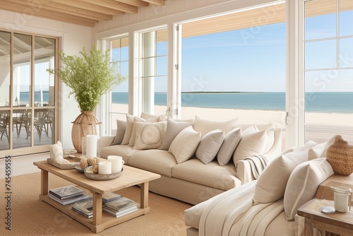 Sunny Beachfront Cottage Living Room Ideas: Soft Sand-Colored Couch Interiors © Michael