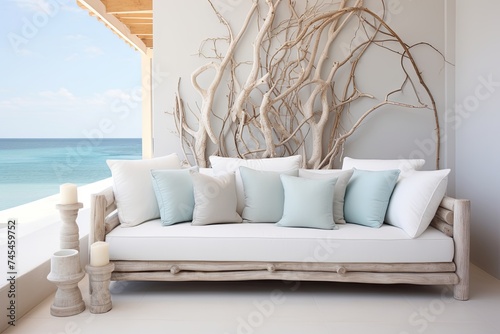 Coastal Chic Beachfront Lounge: White Sofa with Twig Decorations © Michael