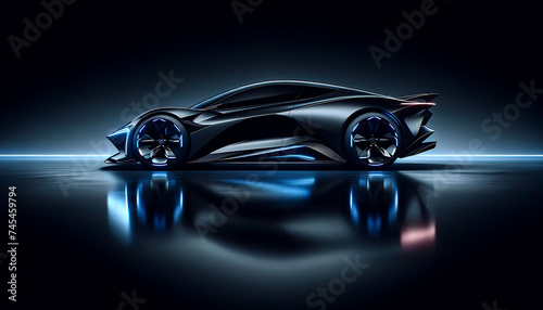 Futuristic concept car with sleek design and dynamic blue lighting  reflecting on a glossy surface.