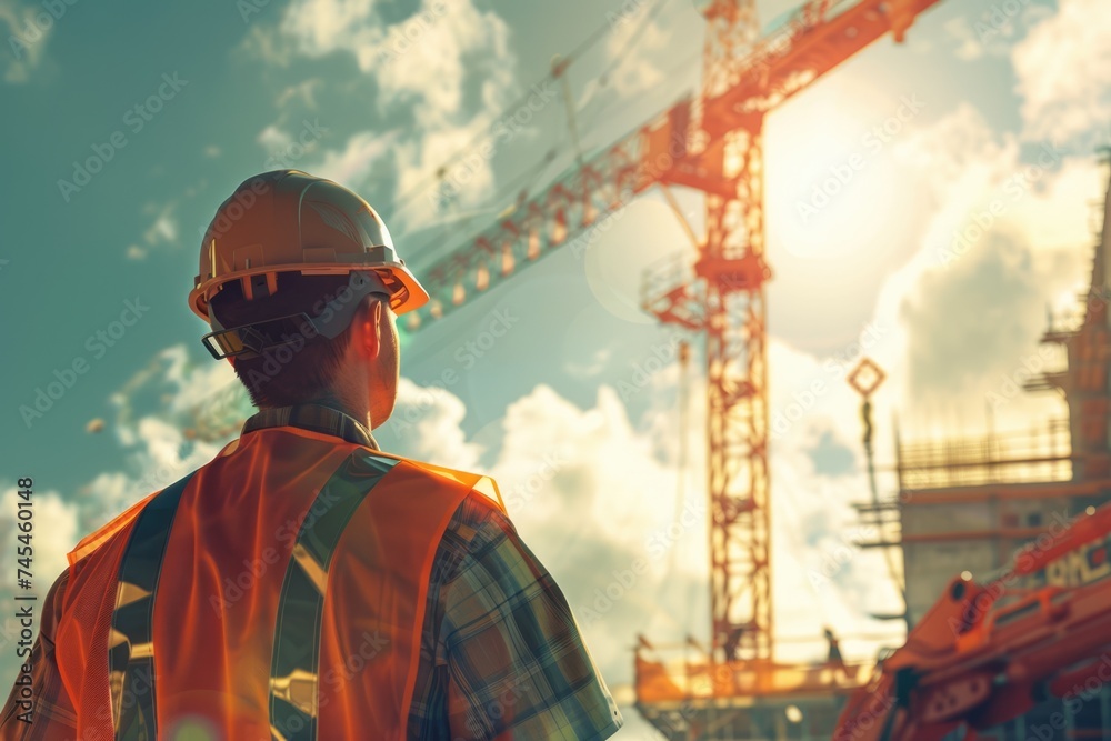 Project chief engineer in hard hat observes the tower crane operation at the construction site on sunny day. AI Generated Project chief engineer in hard hat observes the tower crane operation at the construction site on sunny day. AI Generated