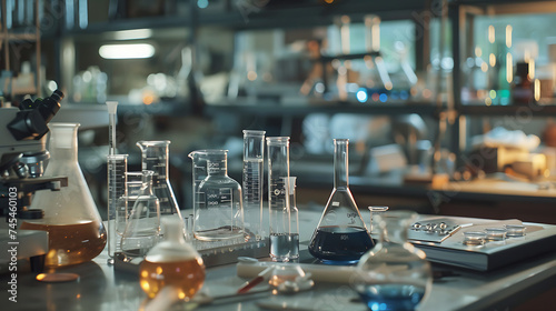 Uma cena laboratorial colorida com tubos de ensaio e frascos de líquidos com um cientista ajustando um microscópio ao fundo photo