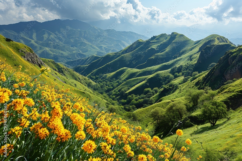 Obraz premium A vibrant hillside blanketed in a sea of yellow flowers, contrasting against the lush green grass, creating a breathtaking scene of natures beauty