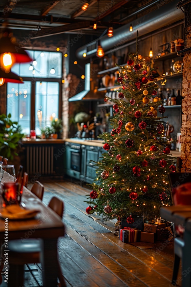 A sparkling Christmas tree adorned with twinkling lights, colorful ornaments, and shimmering tinsel stands majestically in a charming kitchen A sparkling Christmas tree adorned with twinkling lights, colorful ornaments, and shimmering tinsel stands majestically in a charming kitchen
