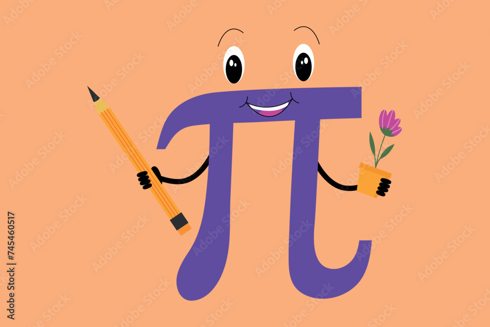 Funny number pi with a pencil and a flower in hands. Vector illustration. - obrazy, fototapety, plakaty 