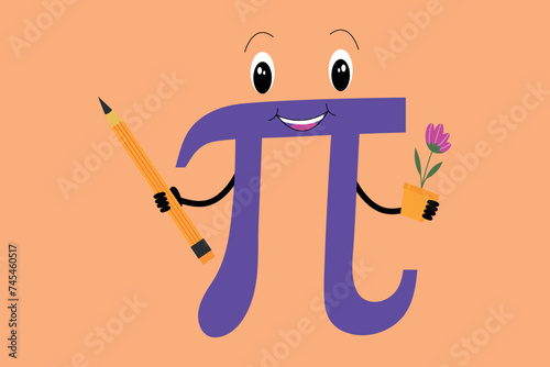 Funny number pi with a pencil and a flower in hands. Vector illustration.