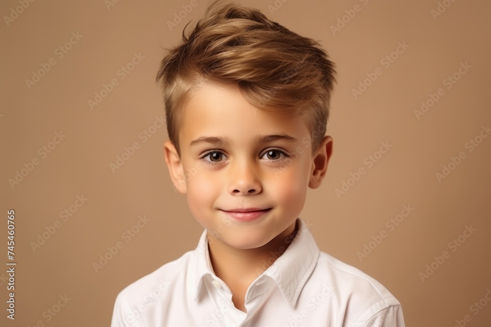 Portrait of a cute little boy in a white shirt on a brown background Portrait of a cute little boy in a white shirt on a brown background